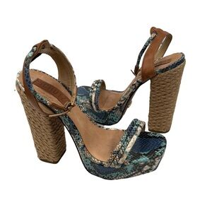 Schutz Blue Snakeskin Print Platform Chunky Espadrille Heeled Sandals Size 8